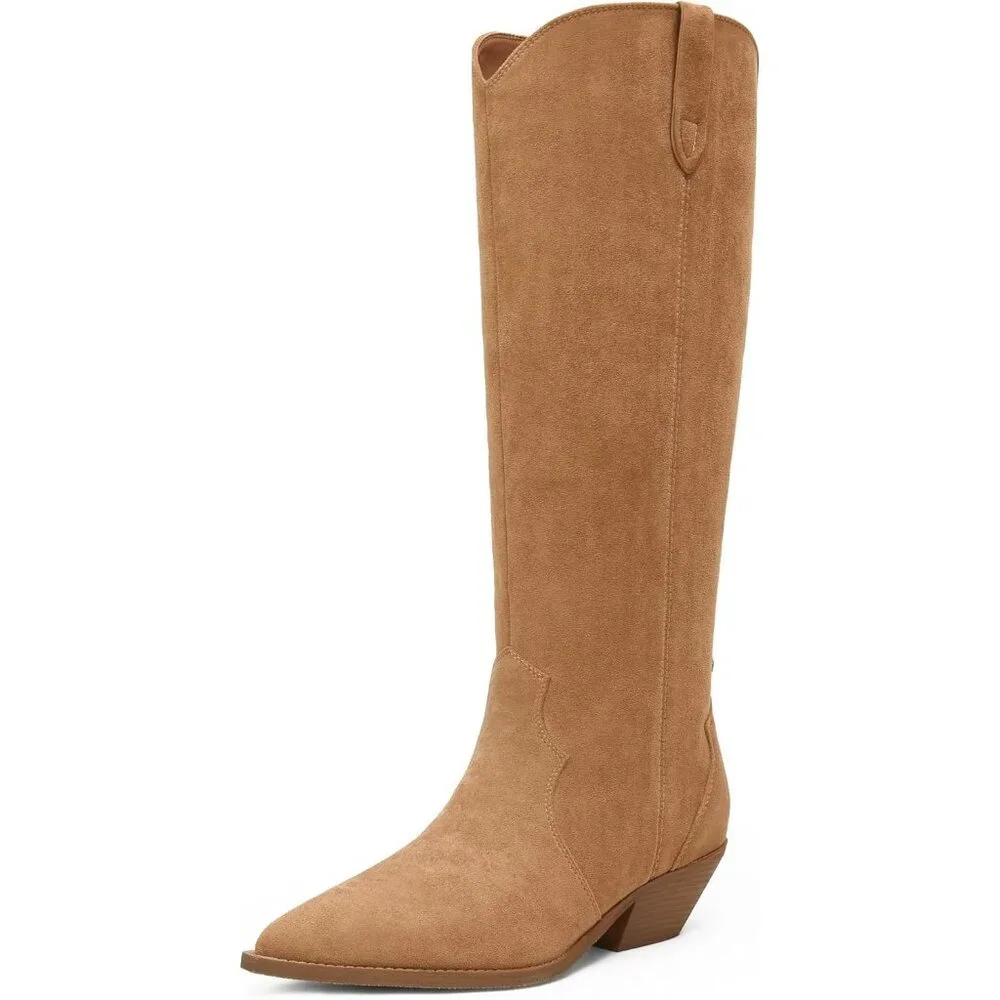 Women's Light Brown Knee High Faux Suede Western with 2 IN Chunky Heel Pointed